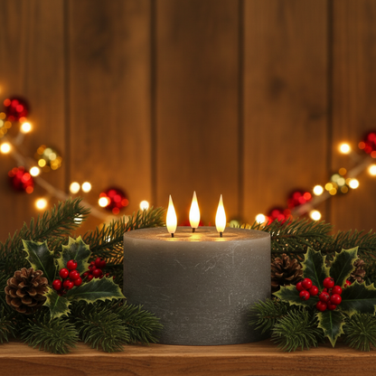 Small Pewter 3 Wick LED Wax Christmas Candle