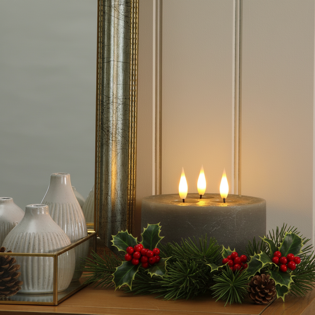 Small Pewter 3 Wick LED Wax Candle