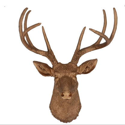 A resin-made golden stag wall plaque, depicting the head and antlers of a stag in a detailed and lifelike manner, suitable for Christmas and seasonal decoration.