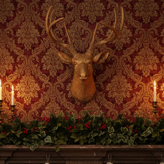 Cosy fireplace with stockings, candles, and a deer head against decorative wallpaper.