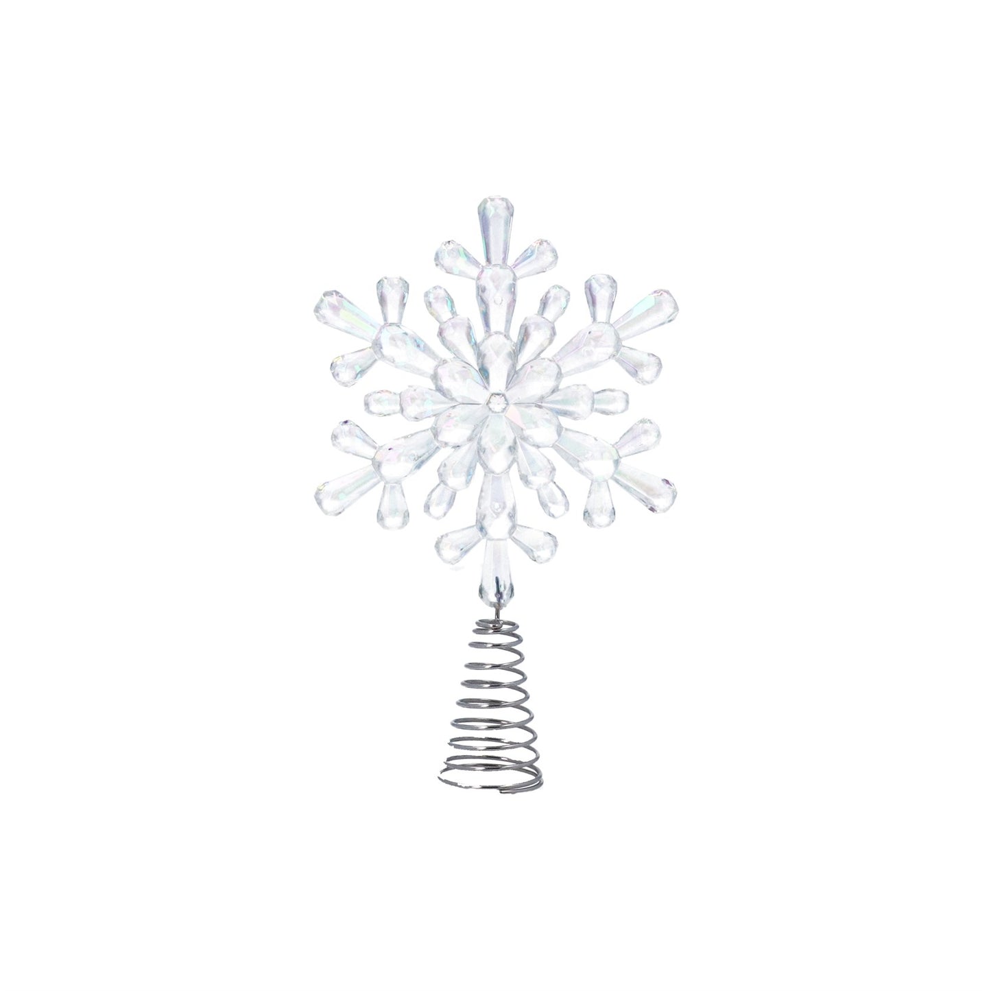 A clear acrylic snowflake tree topper with a silver metal spiral spring base, shown on a plain white background.