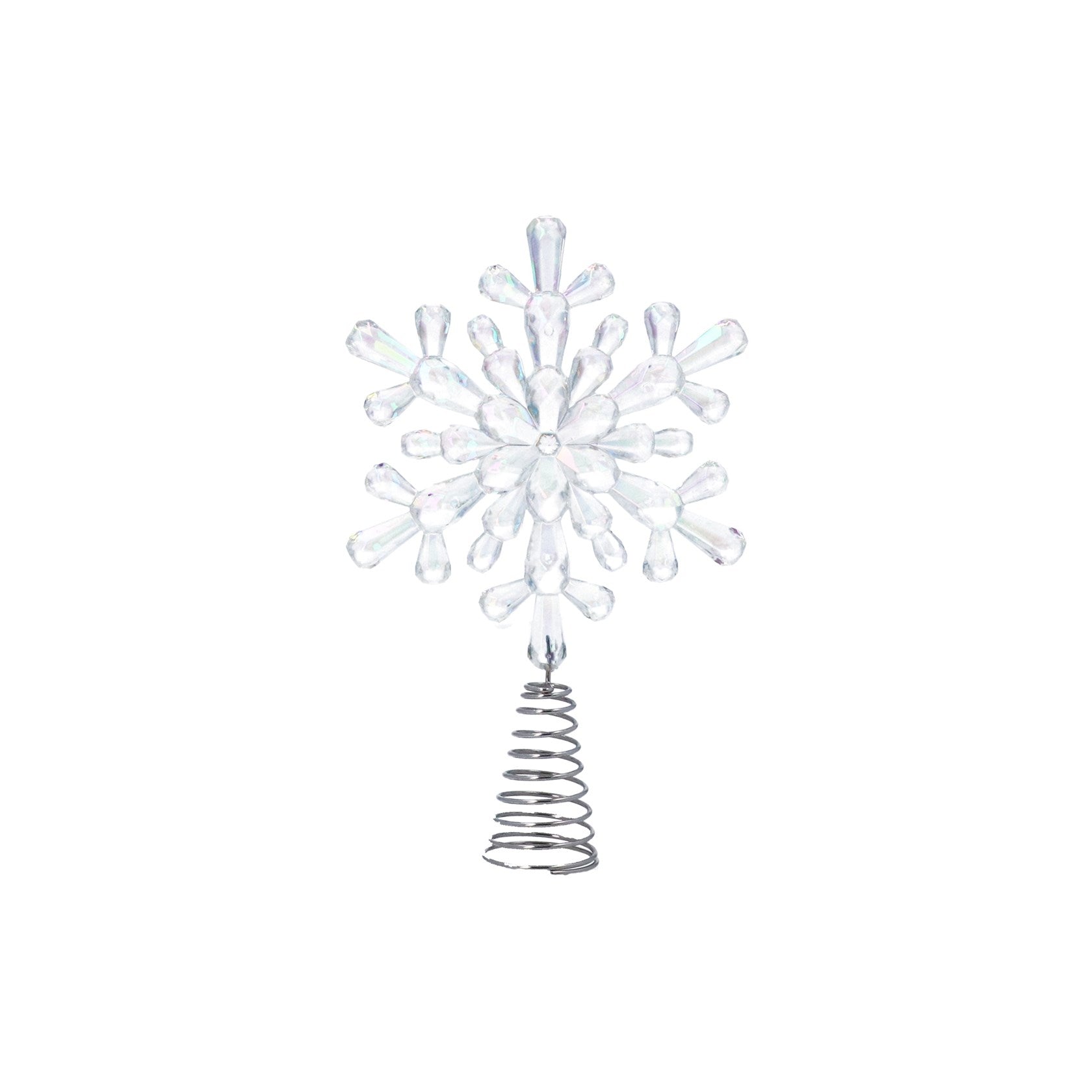 A clear acrylic snowflake tree topper with a silver metal spiral spring base, shown on a plain white background.