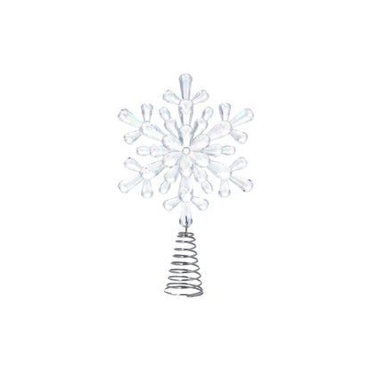 A clear acrylic snowflake tree topper with a silver metal spiral spring base, shown on a plain white background.