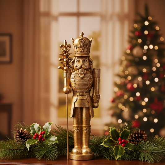 A golden nutcracker figurine stands on a tabletop decorated with pine branches, holly leaves, and red berries, with a softly blurred Christmas tree in the background.