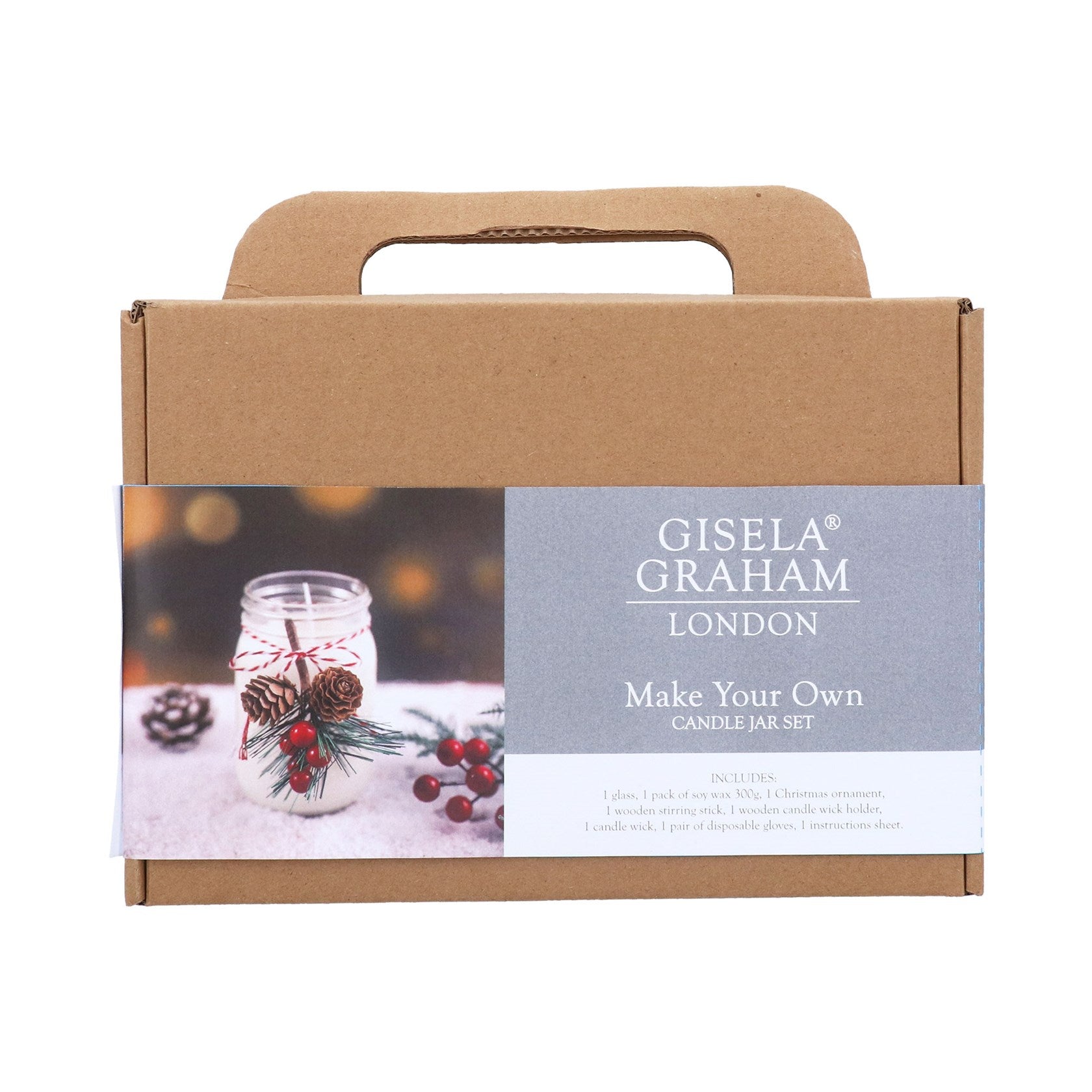 Giseela Graham London candle bar set packaging with a jar of candles and decorative elements.