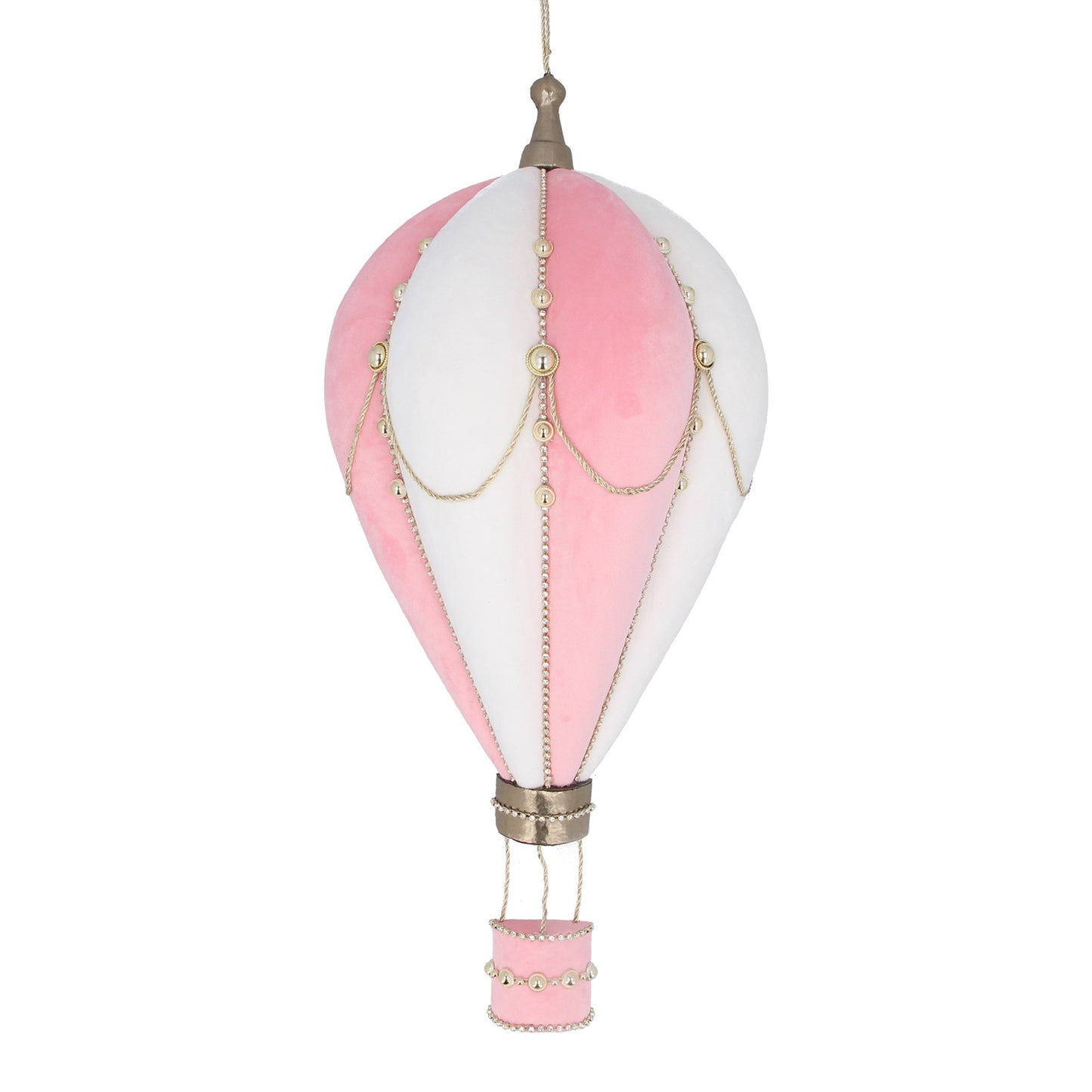 A pink and white hot air balloon-shaped wall plaque decoration with a chain of lights at the top and a foam handle at the bottom.