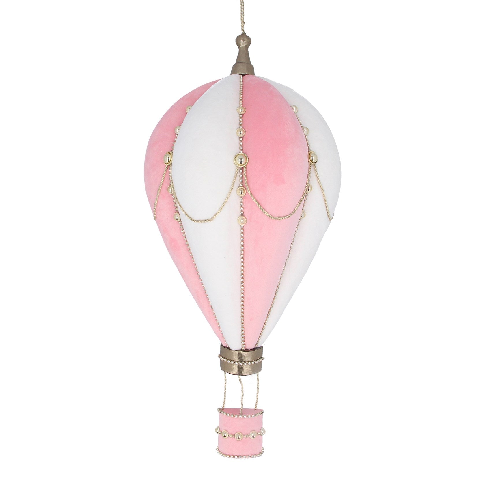A pink and white hot air balloon-shaped wall plaque decoration with a chain of lights at the top and a foam handle at the bottom.