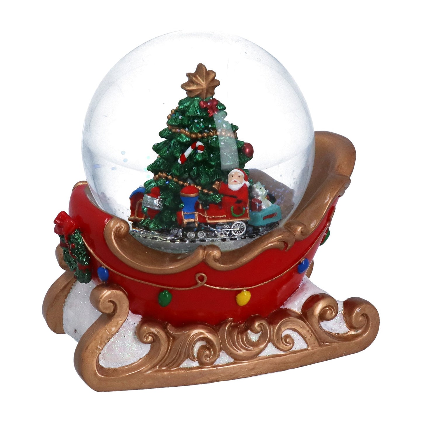 Christmas-themed snow globe with Santa Claus and a tree on a red sleigh base.