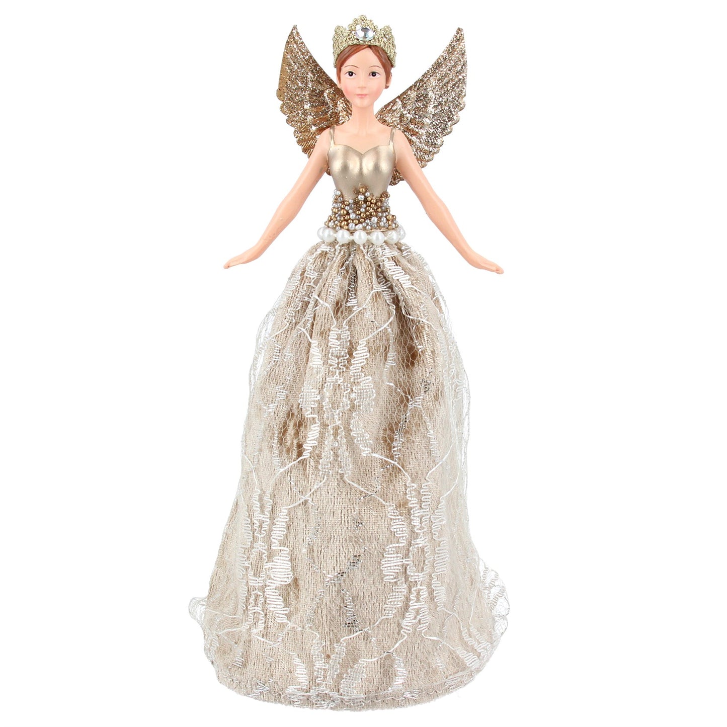 A decorative fairy Christmas tree topper with a gold crown, gold and silver wings, and a long beaded gown with lace details, shown against a plain white background.