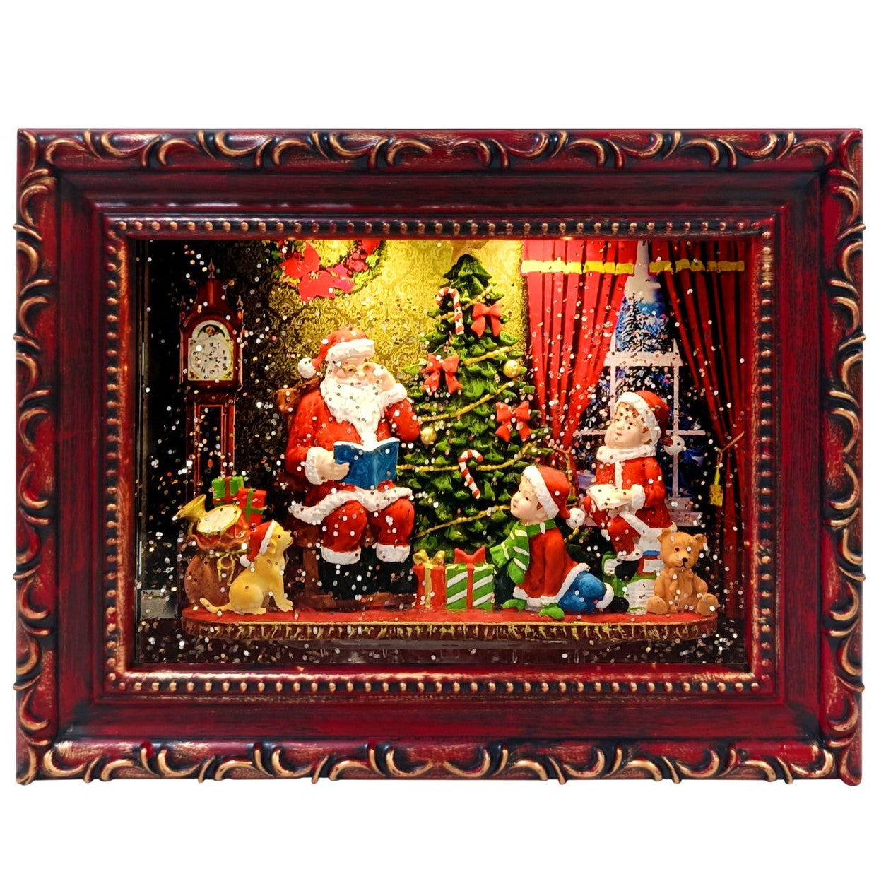 A picture frame water spinner Christmas scene with an ornate dark red and gold frame. The artwork shows Santa Claus, a Christmas tree, gifts, snow, and festive decorations against a black background.