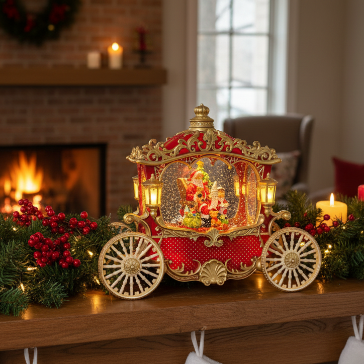 A festive red and gold carriage-shaped holiday ornament with a glowing Santa Claus scene inside, displayed on a wooden mantel in a cosy living room with a fireplace, green garland, and candles.
