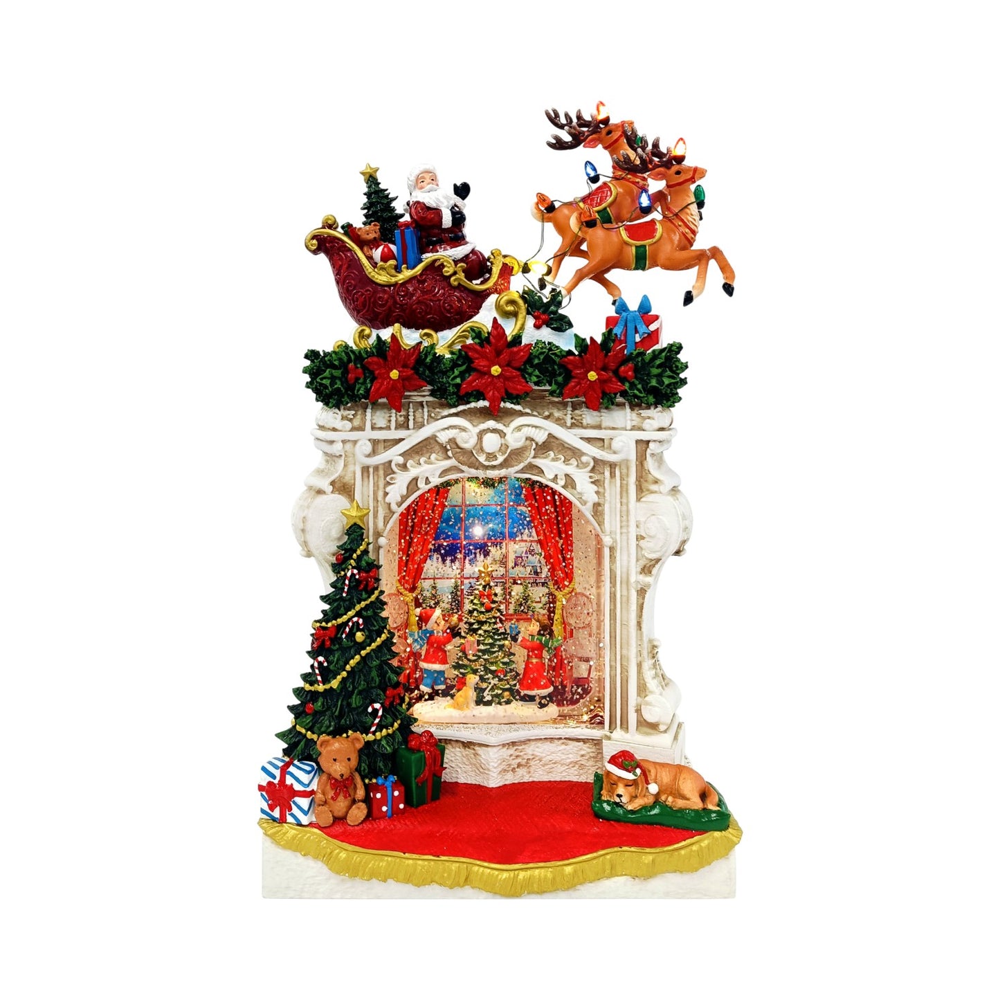 Decorative Christmas scene with Santa Claus in a sleigh, reindeer, and festive elements on a white background.