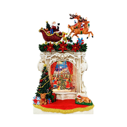 Decorative Christmas scene with Santa Claus in a sleigh, reindeer, and festive elements on a white background.