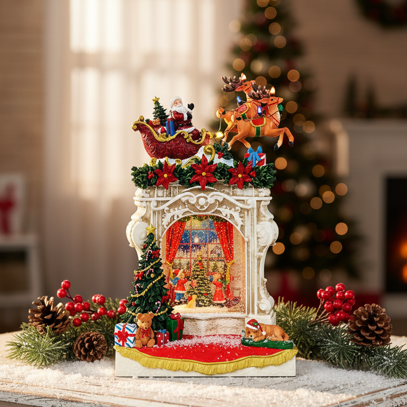 A festive Christmas tabletop display featuring an ornate white arched pedestal with a red stage, Santa Claus in a sleigh atop, reindeer, poinsettias, evergreen garland, pinecones, and wrapped gifts, set against a softly blurred holiday interior background.