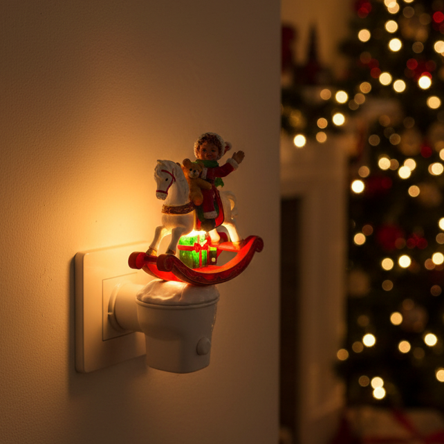 A Christmas-themed night light plug-in on a wall, featuring a rocking horse with a child rider and glowing green gifts, with a blurred Christmas tree in the background.