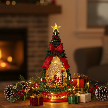 A lit Christmas tree water spinner centrepiece with a gold star topper, red bows, green pine needles, a Santa figure in a gold frame, and warm fairy lights, displayed on a table with wrapped gifts, pinecones, holly, and a softly blurred fireplace background.