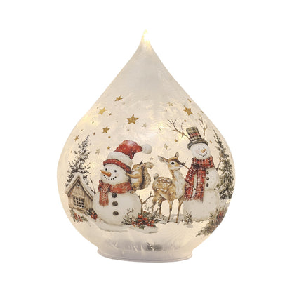 Decorative teardrop-shaped glass light with Christmas scene featuring snowmen, deer, and stars.