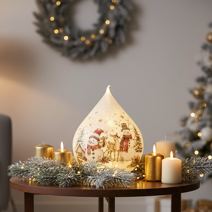 Glass LED Teardrop Ornament with Snowman Scene