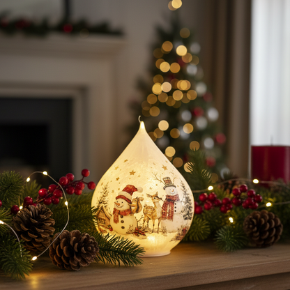 A teardrop-shaped glass Christmas ornament with a warm white glow and printed snowman illustrations sits on a wooden mantel decorated with pine branches, red berries, pinecones, and fairy lights, with a blurred Christmas tree in the background.