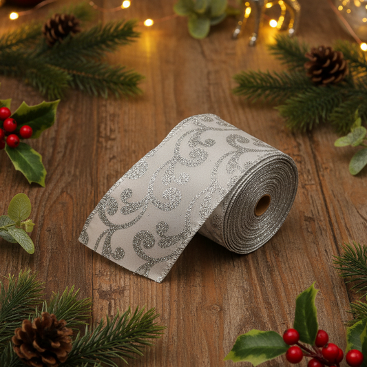 A roll of silver glitter ribbon with a classic damask scroll pattern, displayed on a rustic wooden surface decorated with pine branches, holly leaves, red berries, and warm fairy lights.