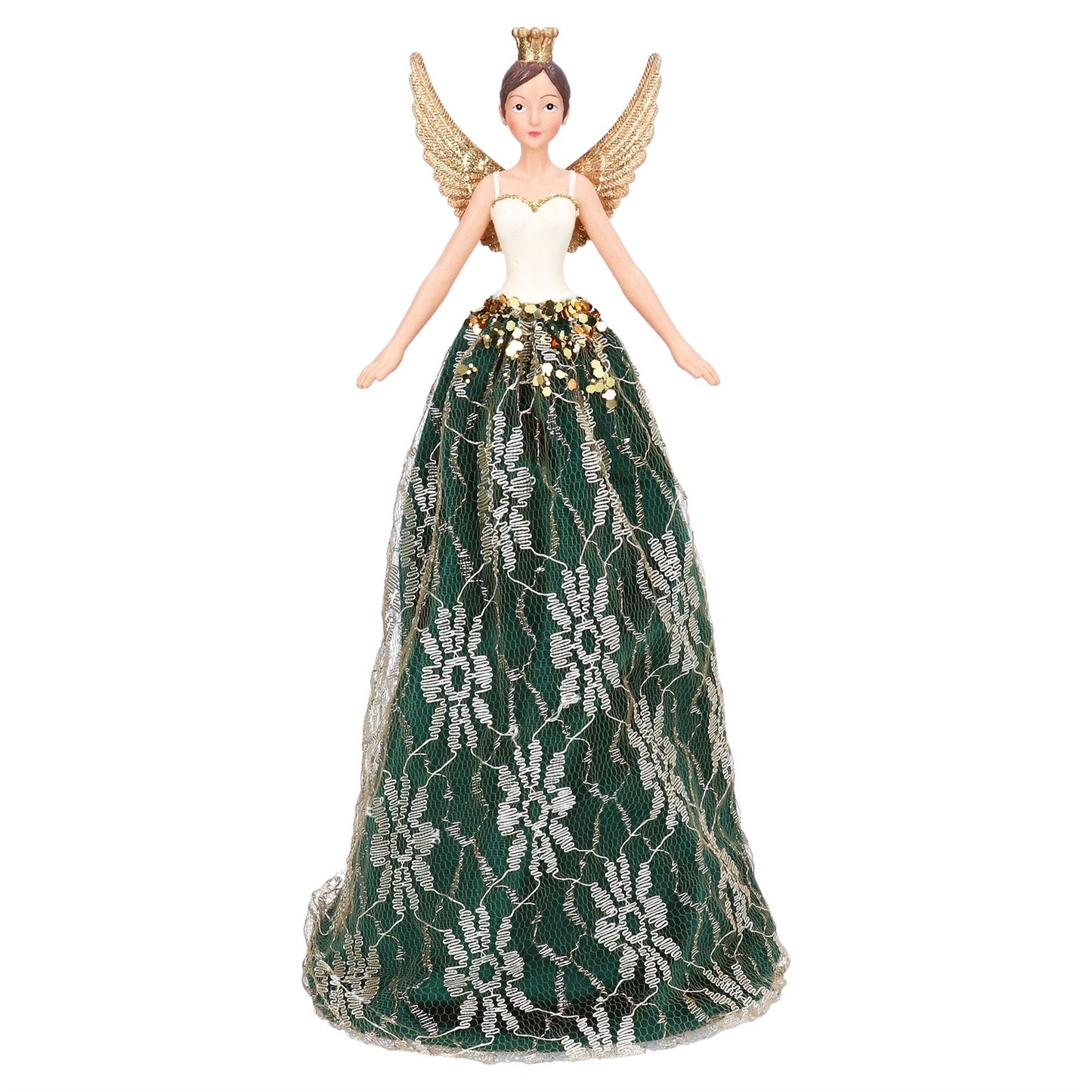 Decorative angel fairy Christmas Tree topper figurine with a green and silver gown on a white background
