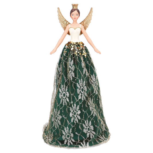 Decorative angel fairy Christmas Tree topper figurine with a green and silver gown on a white background