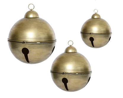 A set of three gold-colored metal Christmas bells with a powder-coating finish, designed in an oversized spherical shape with a hanging loop on top.