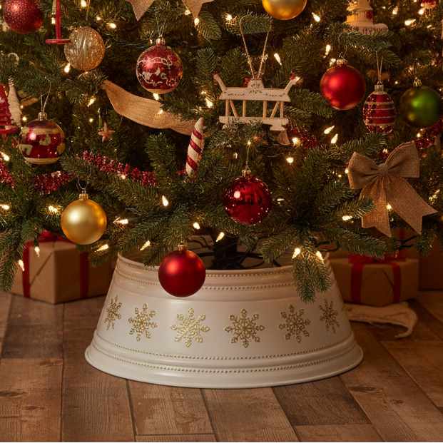 Decorated Christmas tree with lights and ornaments in a festive living room.
