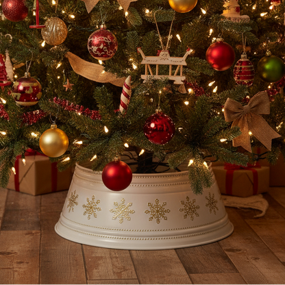Decorated Christmas tree with lights and ornaments in a festive living room.