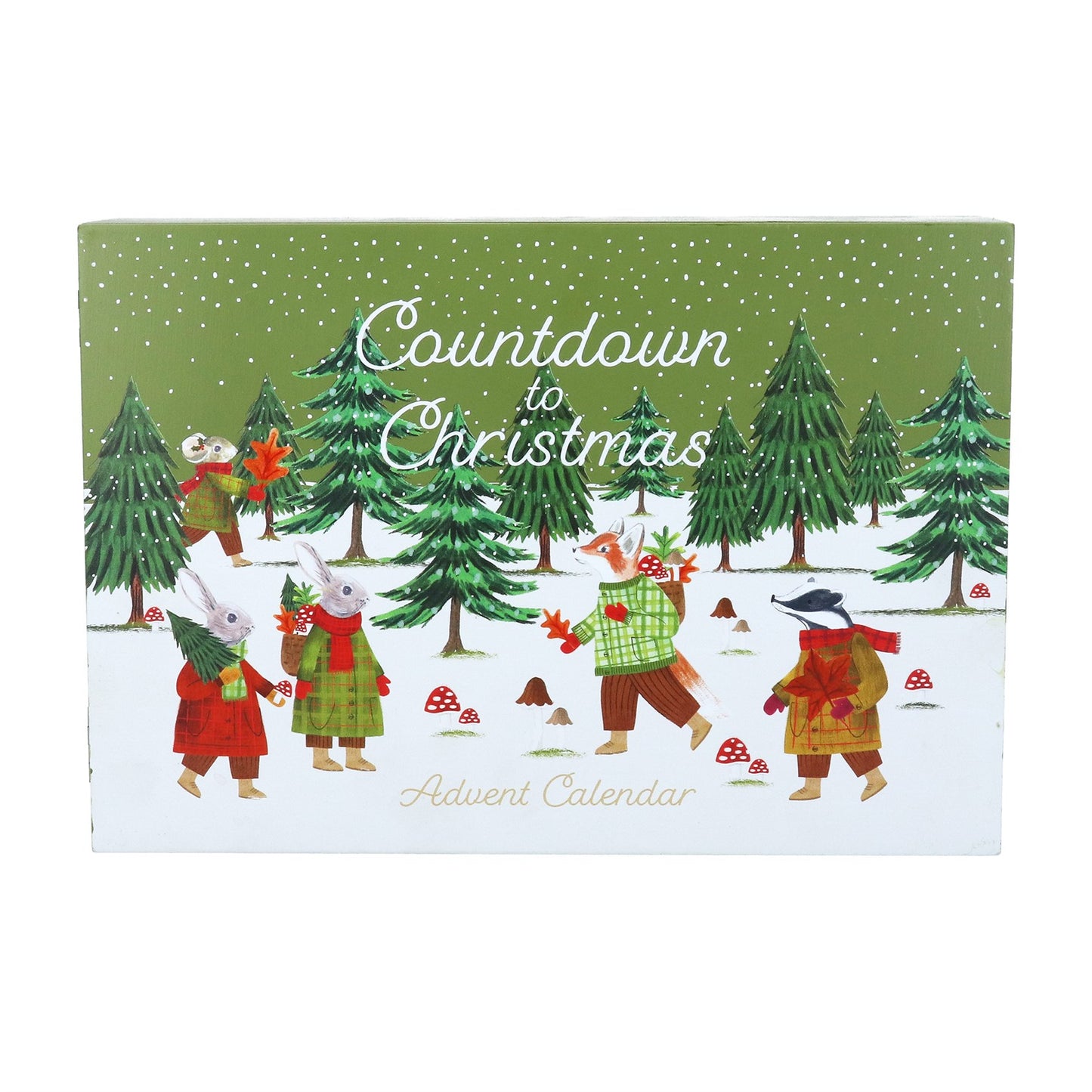 A Christmas advent calendar box titled 'Countdown to Christmas' with an illustrated winter forest scene featuring animals in red scarves and coats on a snowy ground, photographed against a plain white background.
