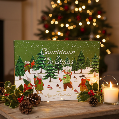 A Christmas advent calendar box labeled 'Countdown to Christmas' sits on a wooden table surrounded by holly, pinecones, fairy lights, and a lit candle, with a blurred Christmas tree in the background.