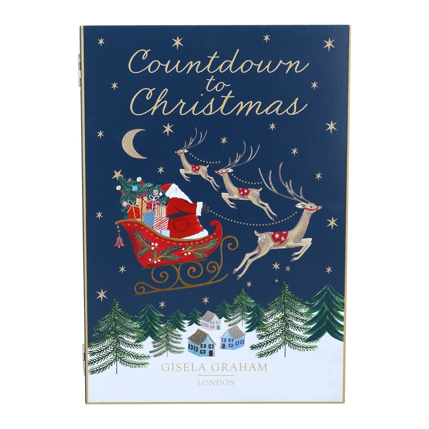 A wooden book Advent with print titled 'Countdown to Christmas' by Gisela Graham London, featuring Santa Claus in a red sleigh with reindeer against a dark blue starry sky, with snowy trees and houses at the bottom.