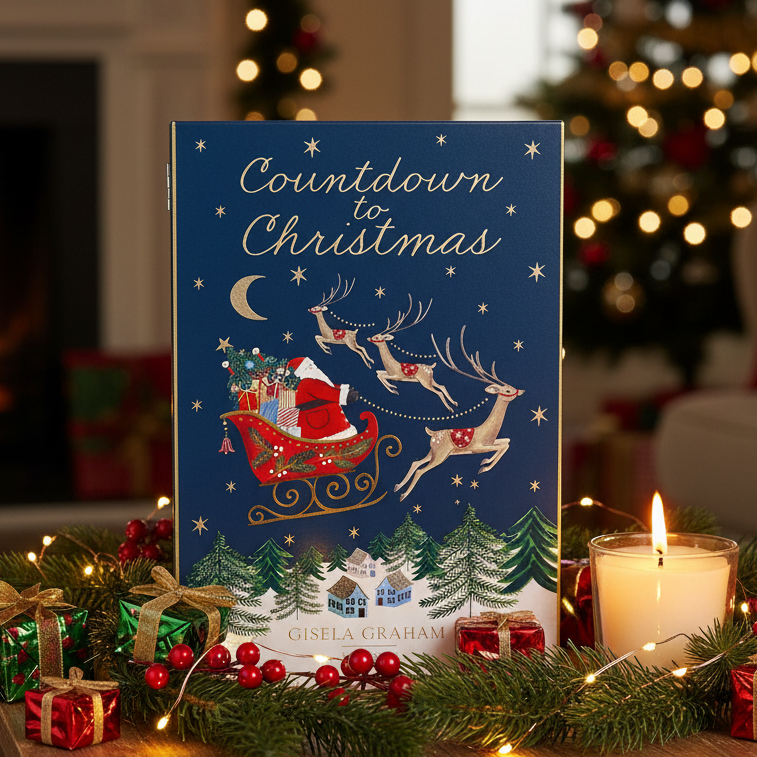 A Christmas advent-style book titled "Countdown to Christmas" by Gisela Graham stands on a holiday table. The front cover shows Santa in a sleigh with reindeer against a dark blue night sky, with a lit candle, wrapped presents, pine branches, and blurred Christmas lights in the background.
