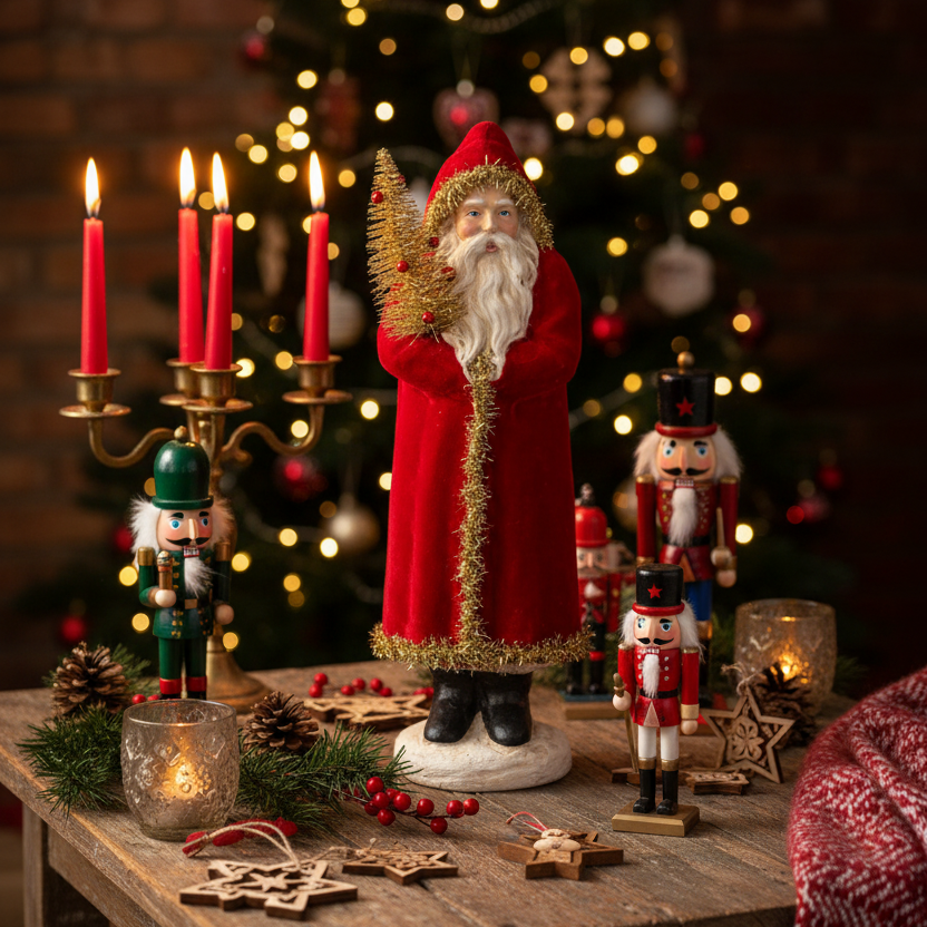 A festive Christmas tabletop display featuring a large Santa Claus figurine in a red robe with gold trim, surrounded by nutcrackers, lit red candles in a candelabra, pinecones, wooden ornaments, and a softly blurred decorated Christmas tree in the background.