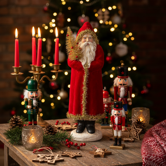 A festive Christmas tabletop display featuring a large Santa Claus figurine in a red robe with gold trim, surrounded by nutcrackers, lit red candles in a candelabra, pinecones, wooden ornaments, and a softly blurred decorated Christmas tree in the background.