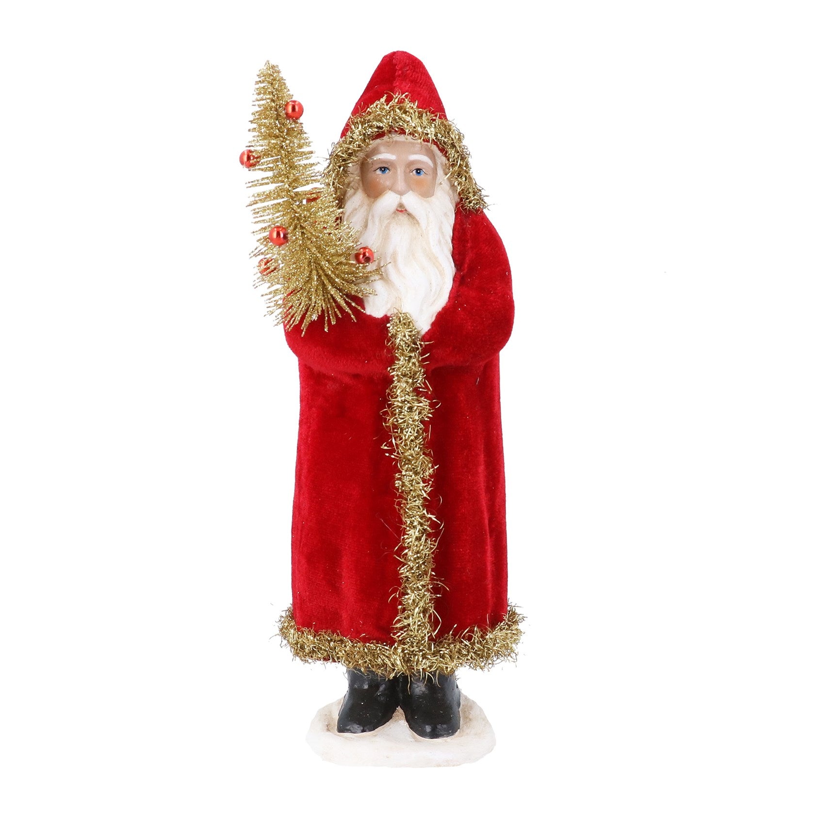 A Santa Claus figurine wearing a red velvet robe with gold tinsel trim, holding a small decorated Christmas tree, on a white background.