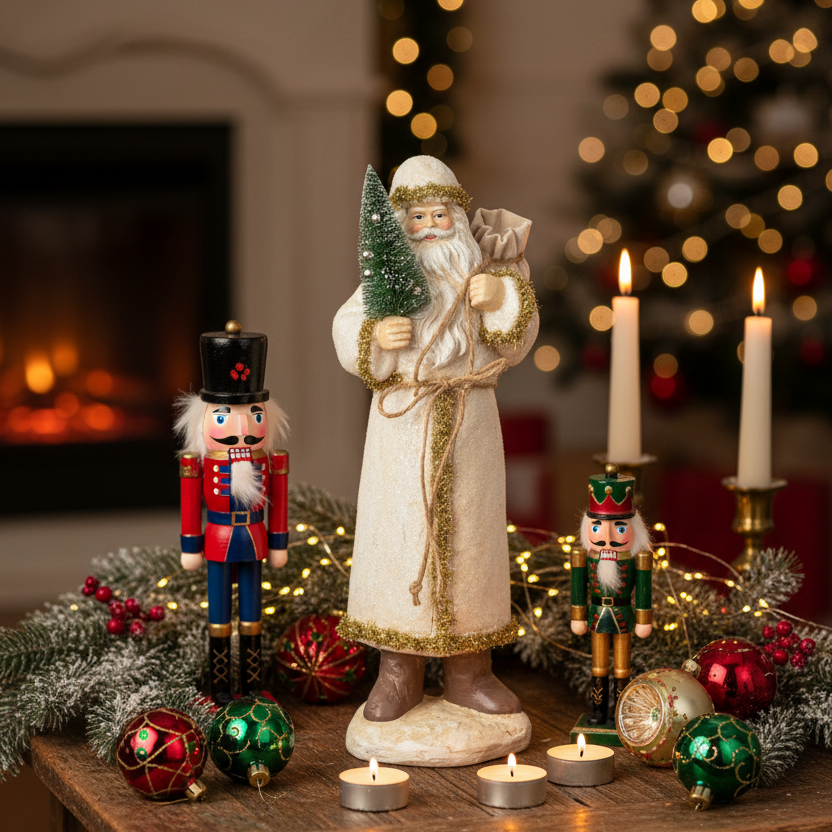 A festive Christmas holiday table setting featuring a central Santa Claus figurine holding a small tree, flanked by two nutcracker figures, lit white taper candles, red and green ornaments, and pine branches in front of a warm fireplace and blurred Christmas tree lights.