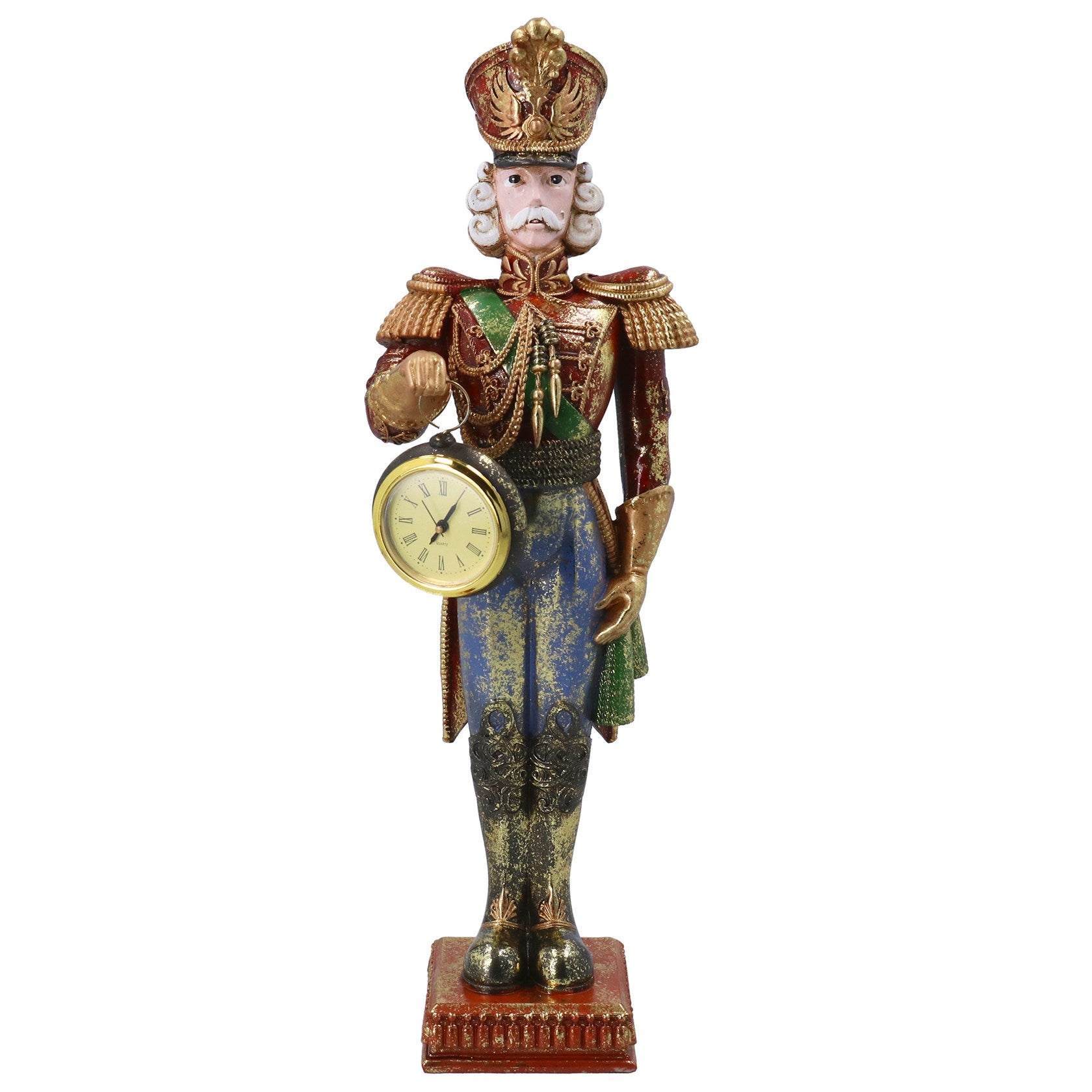A decorative nutcracker figurine featuring a detailed military uniform in gold, blue, and green, holding a round clock face in one hand, set against a plain white background.