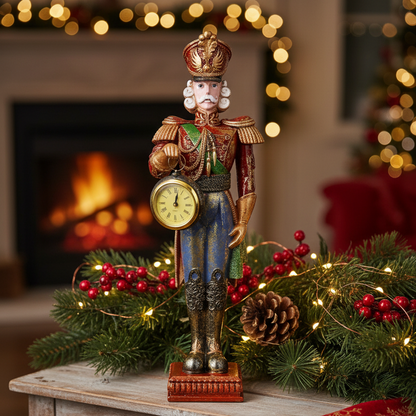 A decorative nutcracker figurine stands on a tabletop in a holiday setting, holding a clock. The scene includes evergreen garland with red berries, pinecones, and warm string lights, with a blurred fireplace and Christmas tree in the background.