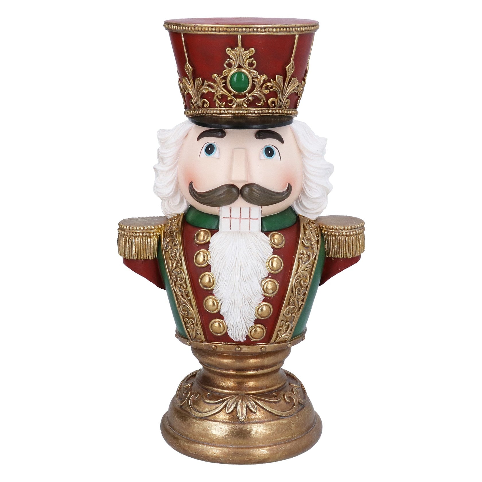 A decorative nutcracker figurine with a red and gold uniform, white beard, and ornate red and gold hat, displayed against a solid white background.