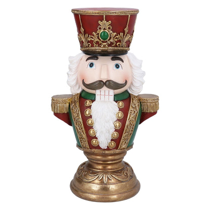 A decorative nutcracker figurine with a red and gold uniform, white beard, and ornate red and gold hat, displayed against a solid white background.