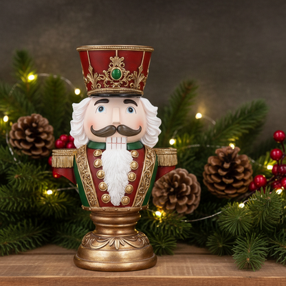 A decorative Christmas nutcracker figurine with a red and gold uniform, white beard, and ornate hat, displayed on a wooden surface with pine branches, pinecones, and string lights in the background.