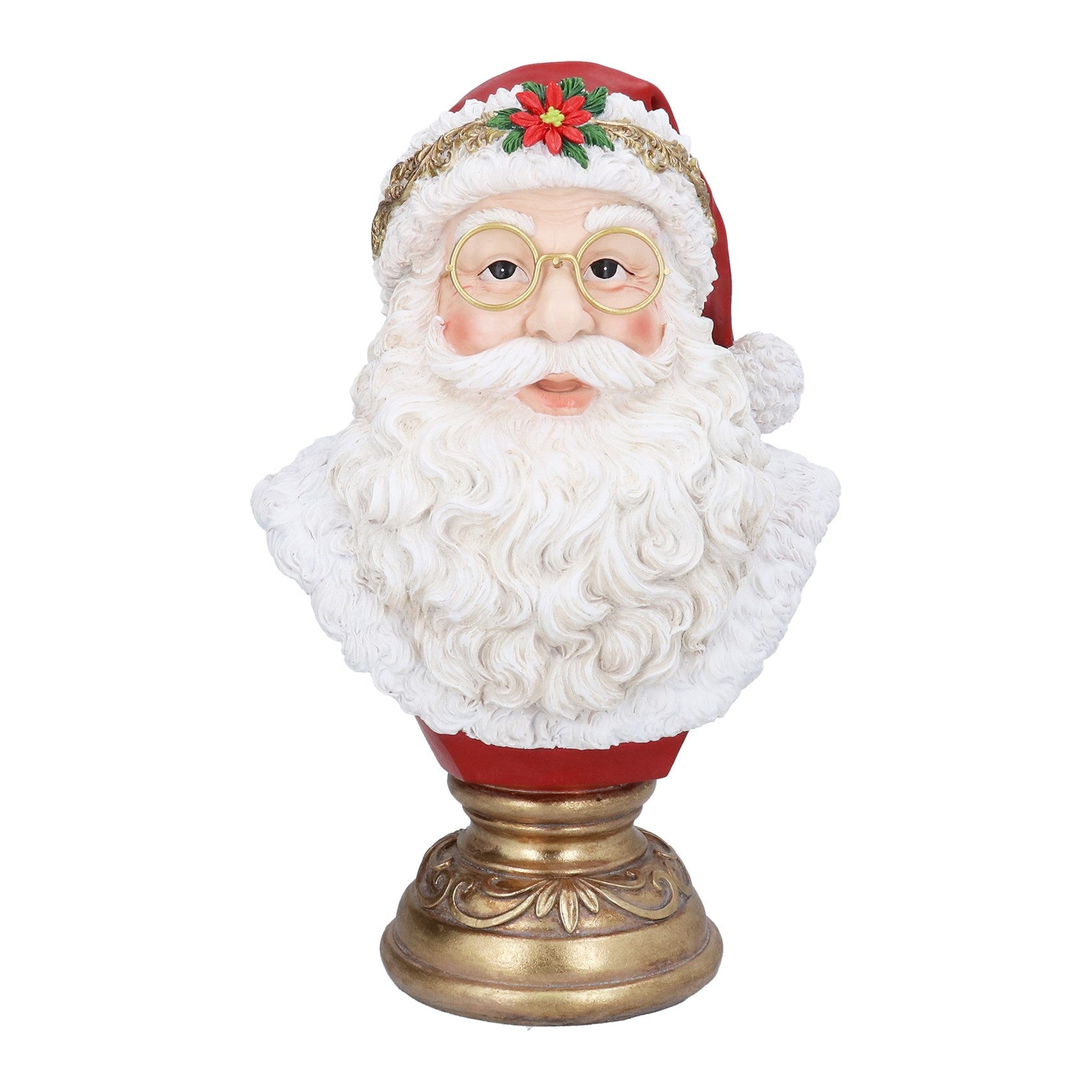 A Santa Claus bust figurine with a long white beard, red hat with a green holly accent, round gold-rimmed glasses, and an ornate gold pedestal base, shown on a plain white background.