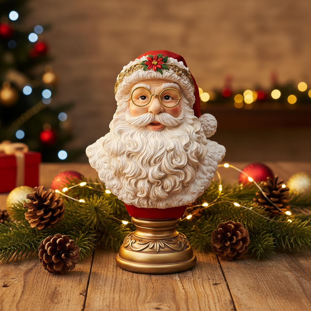 A Santa Claus bust figurine with a gold pedestal base, styled on a wooden table with pinecones, evergreen branches, and warm fairy lights in a festive holiday setting.