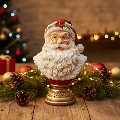 A Santa Claus bust figurine with a gold pedestal base, styled on a wooden table with pinecones, evergreen branches, and warm fairy lights in a festive holiday setting.