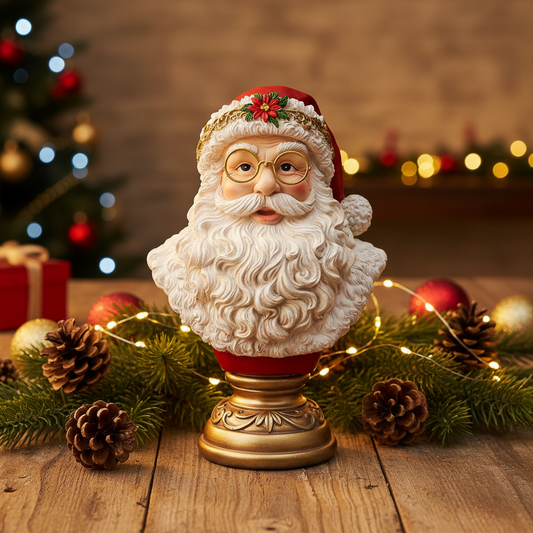 A Santa Claus bust figurine with a gold pedestal base, styled on a wooden table with pinecones, evergreen branches, and warm fairy lights in a festive holiday setting.