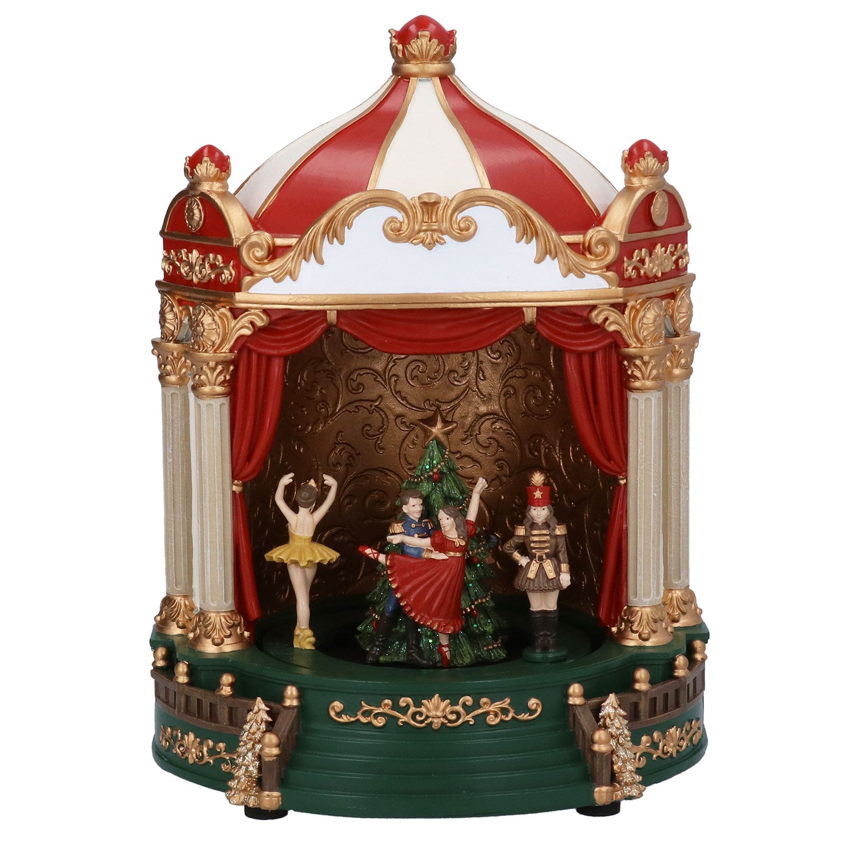 A decorative music box theatre featuring a red and white striped dome, gold trim, red curtains, and small figurines including a ballerina, a Christmas tree, and a nutcracker on a green base against a white background.