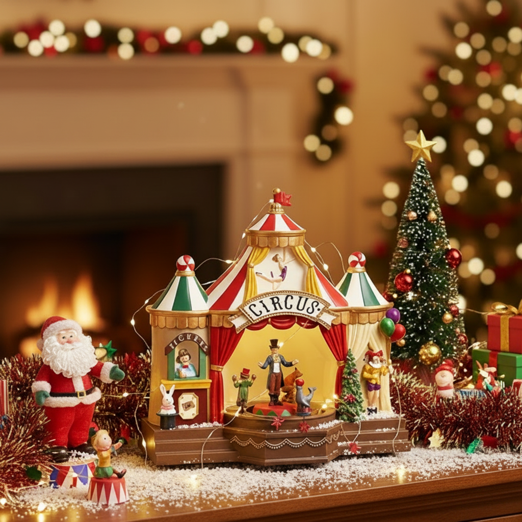 A festive Christmas circus-themed miniature display on a mantel, featuring a small circus tent with colorful striped roof, tiny stage figures, a Santa Claus figurine, tinsel, and a blurred decorated Christmas tree in the background.