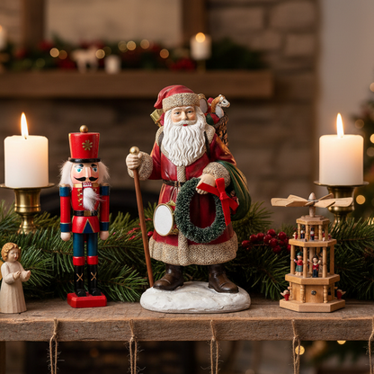 A festive Christmas  decoration set on a wooden mantel, featuring a Santa Claus figurine with a wreath and drum, a red and blue nutcracker, lit white pillar candles in brass holders, a small angel figurine, and a wooden tower ornament.