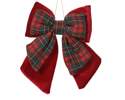 Tartan and Red Double Bow 23cm Christmas Decoration